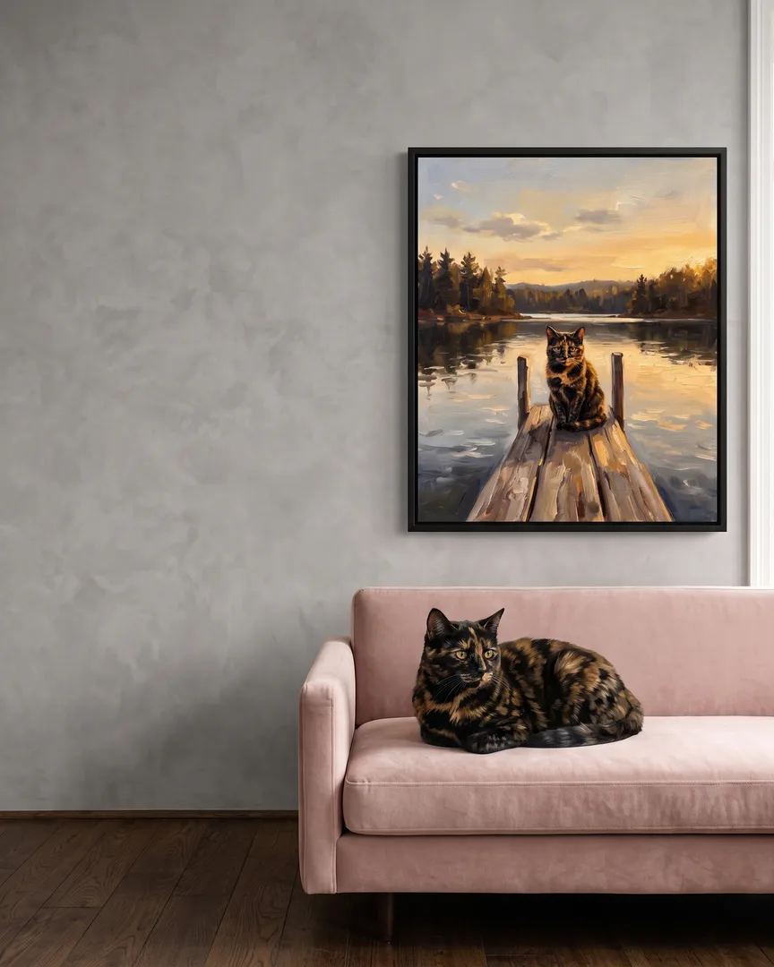 Autumn, un chat écaille, à côté d'une toile encadrée noire de son portrait Eaux Immobiles.
