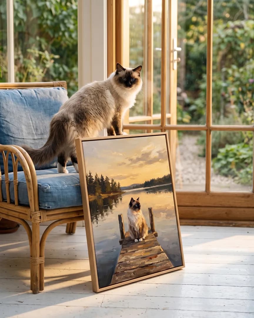 Willow, un chat ragdoll, à côté d'une toile encadrée en chêne naturel de son portrait Eaux Immobiles.