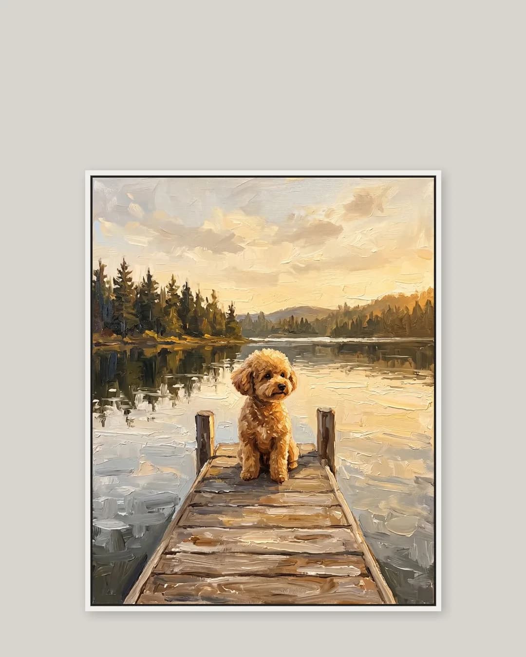 Une toile encadrée blanche de Mimi, un caniche nain, un portrait tout en douceur du style Eaux Immobiles.