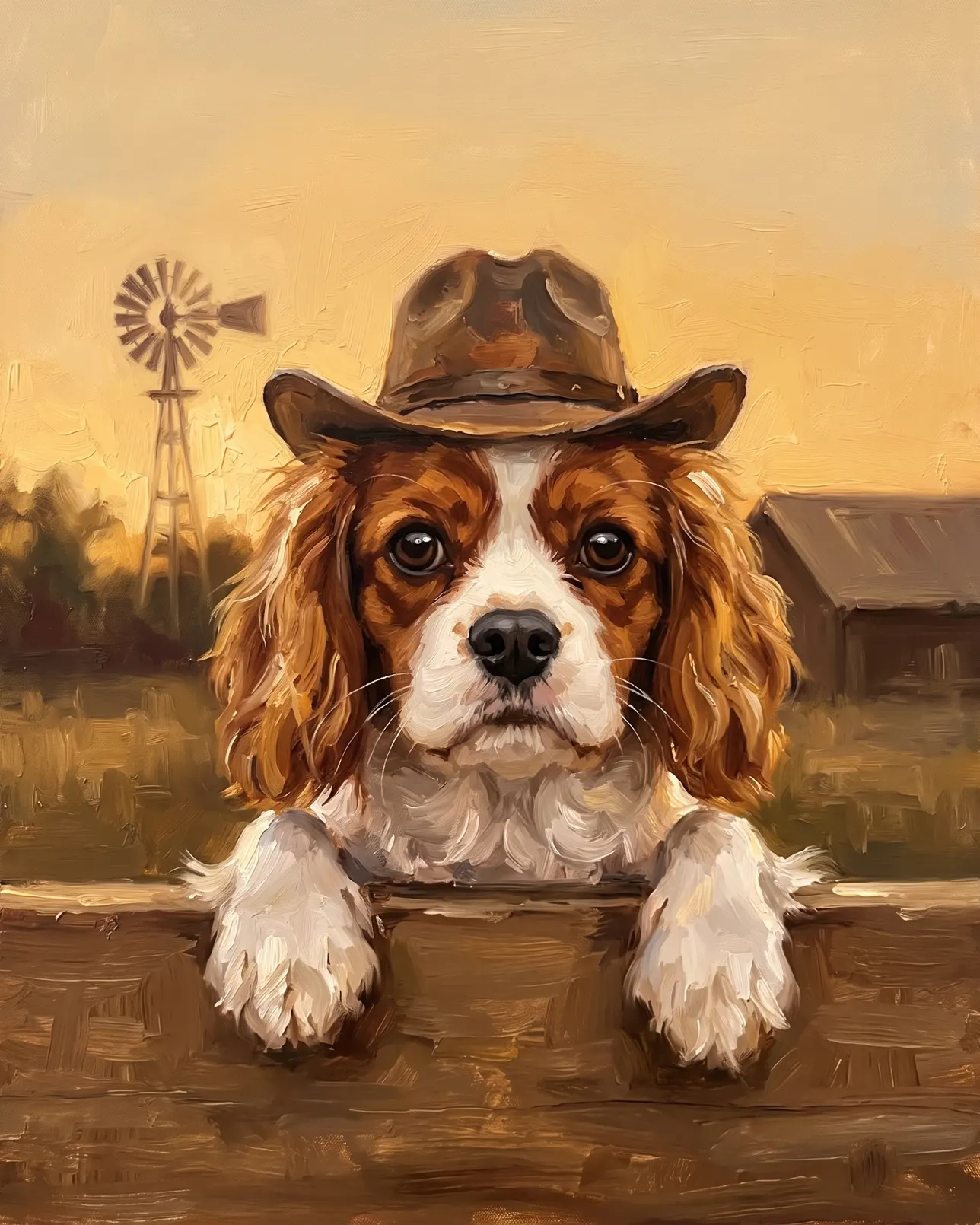 Daisy, un cavalier King Charles, exemple Clôture au crépuscule.
