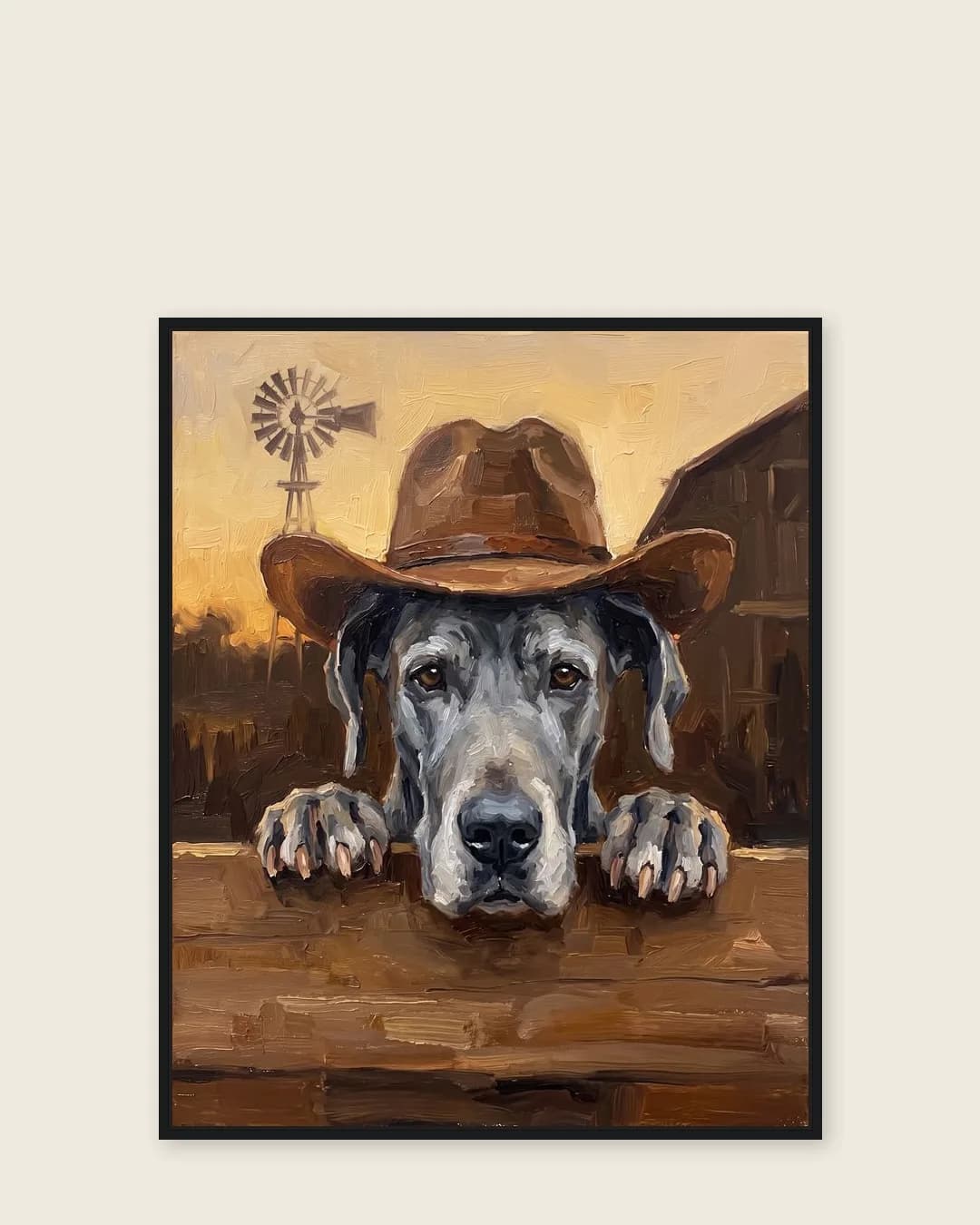 Une toile encadrée noire de Duke, un danois, dans le style Clôture au crépuscule.