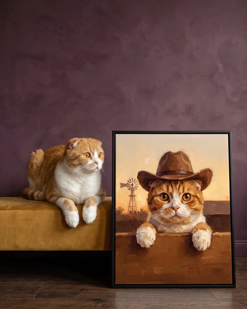 Biscuit, un chat fold écossais, à côté d'une toile encadrée noire de son portrait Clôture au crépuscule.