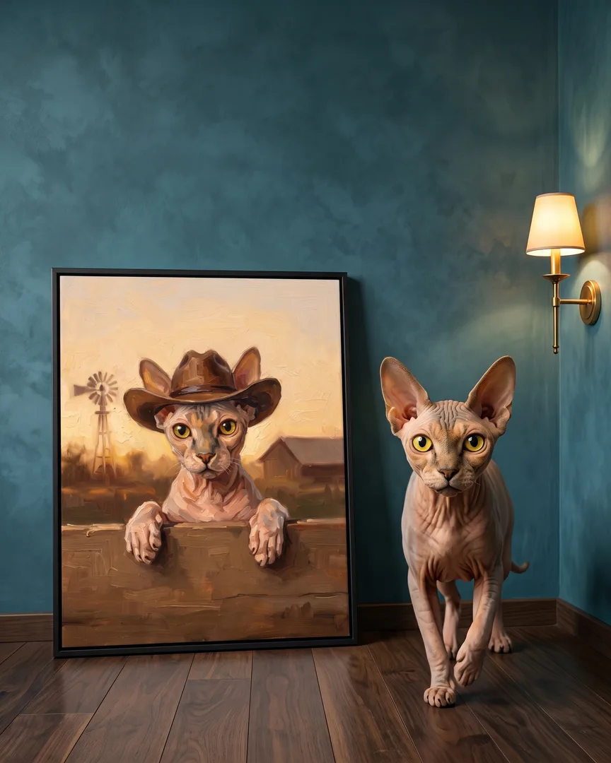 Yoda, un chat sphynx, à côté d'une toile encadrée noire de son portrait Clôture au crépuscule.