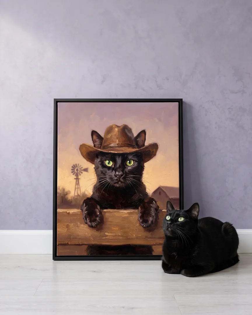 Ombre, un chat noir, à côté d'une toile encadrée noire de son portrait Clôture au crépuscule.