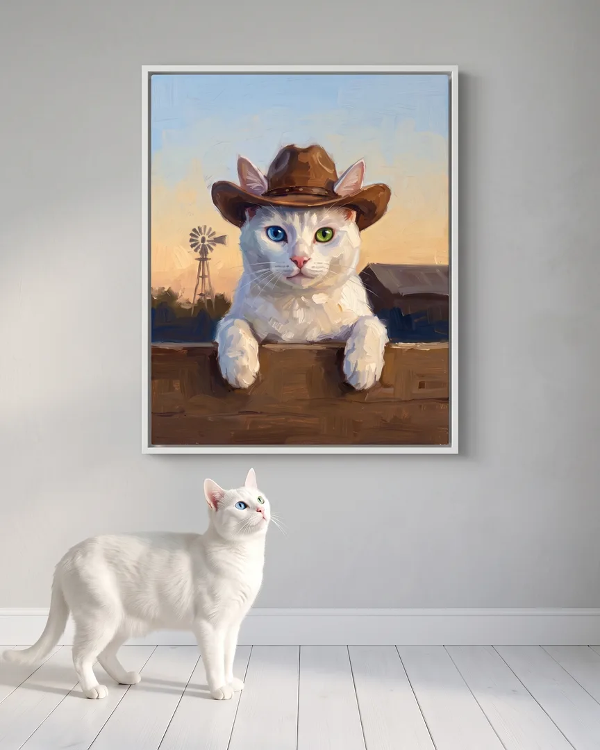 Duo, un chat blanc, à côté d'une toile encadrée blanche de son portrait Clôture au crépuscule.