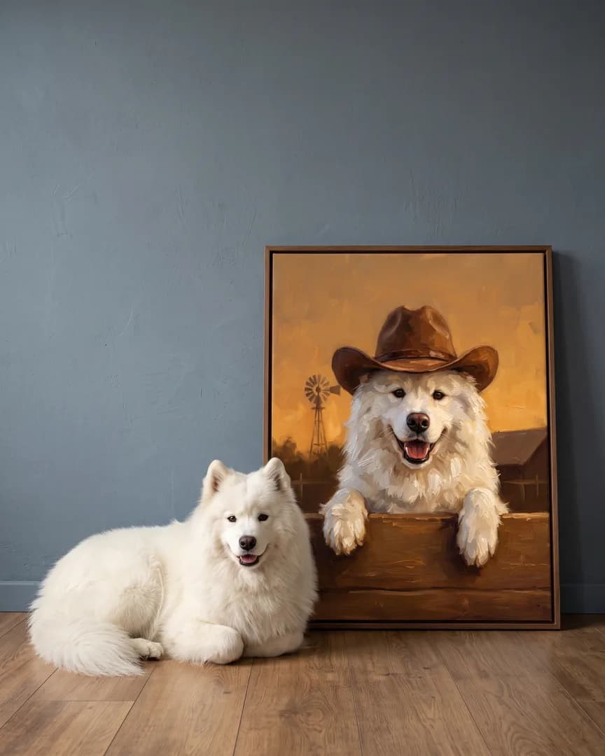 Snowy, un samoyède, à côté d'une toile encadrée brune de son portrait Clôture au crépuscule.