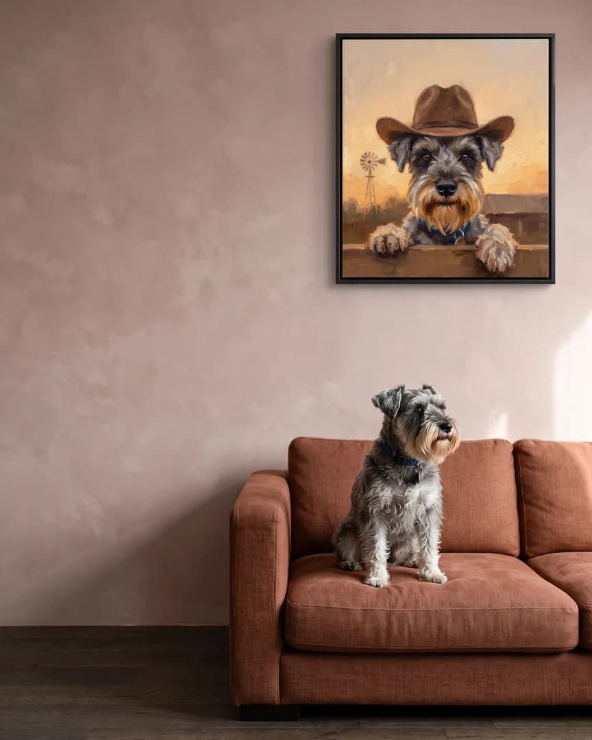 Otis, un schnauzer nain, à côté d'une toile encadrée noire de son portrait Clôture au crépuscule.