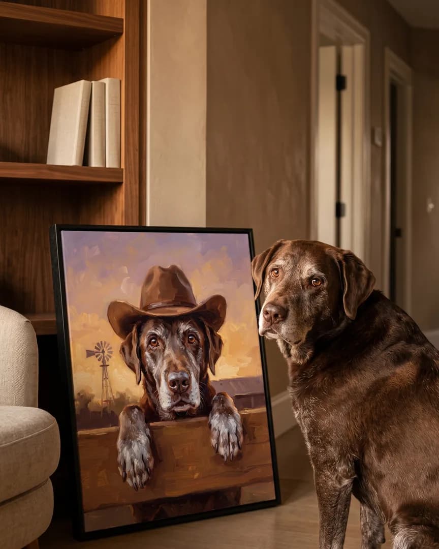 Moose, un labrador chocolat, à côté d'une toile encadrée noire de son portrait Clôture au crépuscule.