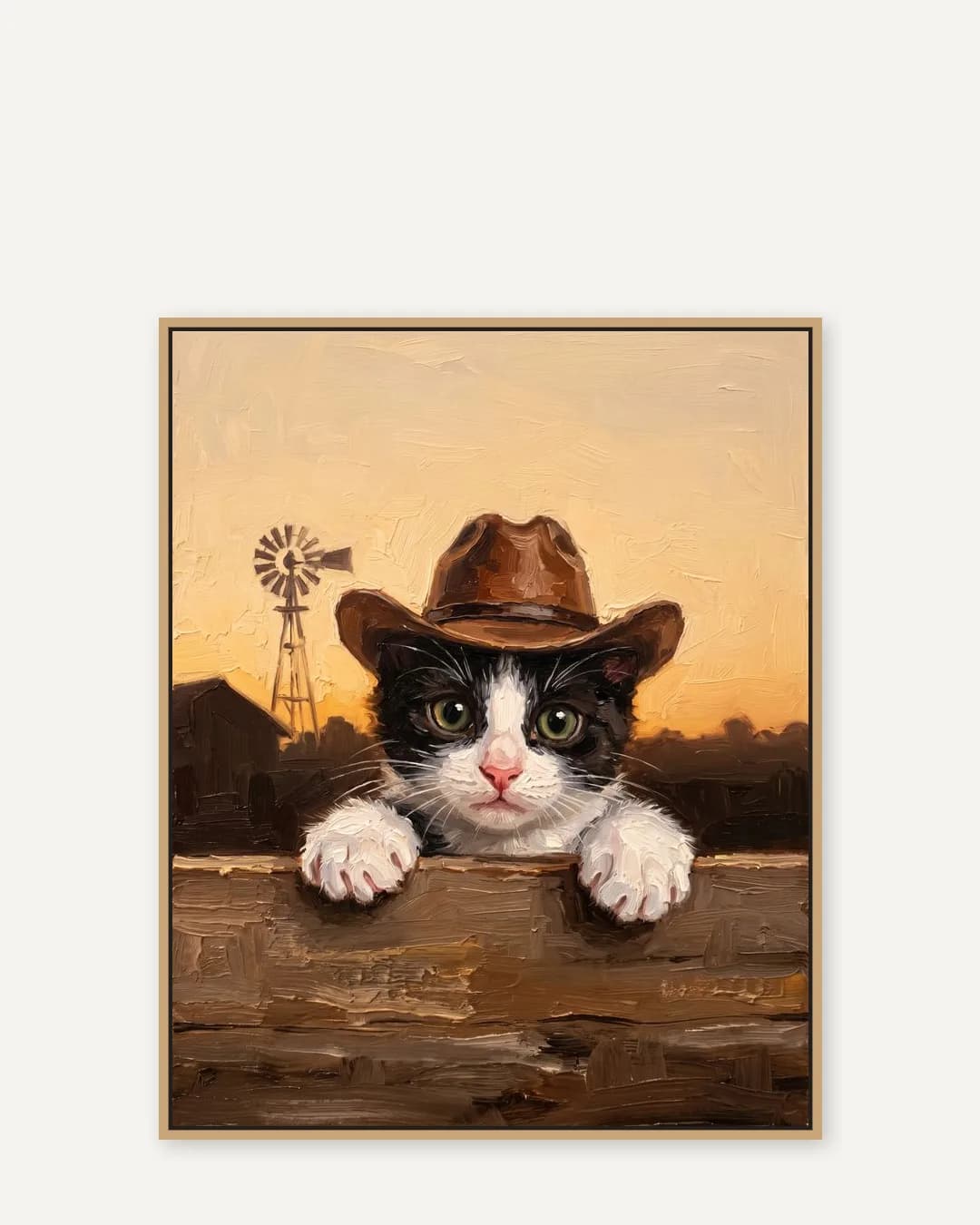 Une toile encadrée en chêne naturel de Oreo, un chaton smoking, dans le style Clôture au crépuscule.