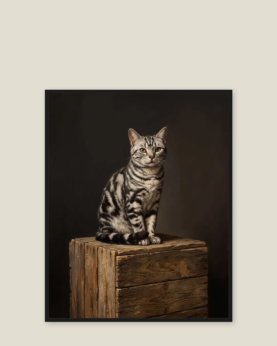 A black float-framed canvas of Smokey, a silver tabby domestic shorthair, in the Pedestal style.