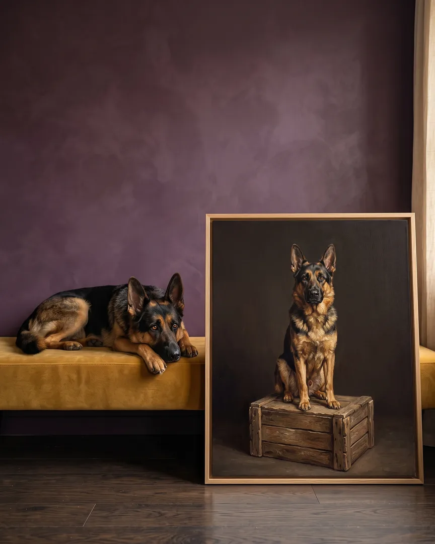 Rex, a German shepherd, beside a natural-oak framed canvas of their own Pedestal portrait.