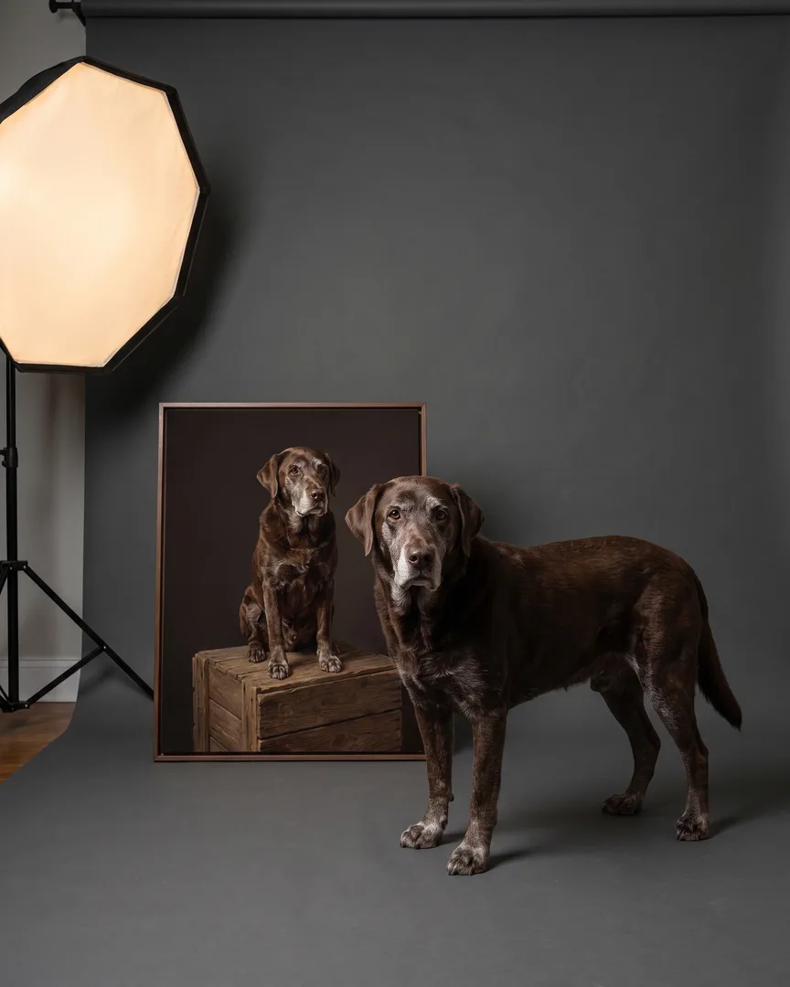 Moose, a chocolate labrador retriever, beside a brown framed canvas of their own Pedestal portrait.