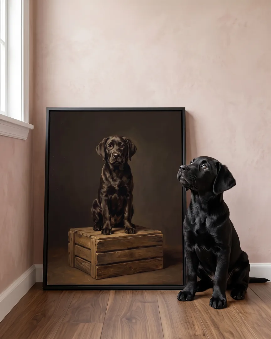 Bear, a black Labrador retriever puppy, beside a black framed canvas of their own Pedestal portrait.