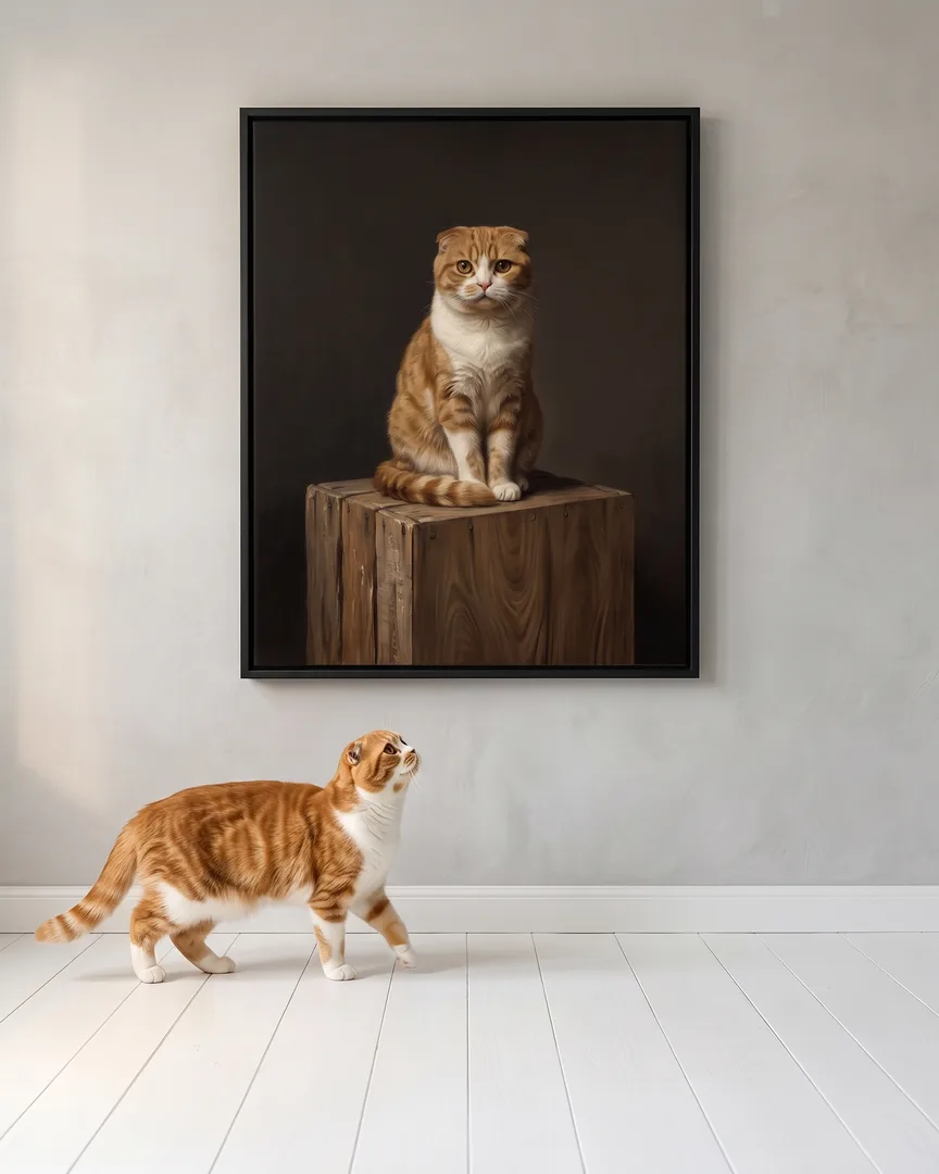 Biscuit, a Scottish fold, beside a black framed canvas of their own Pedestal portrait.