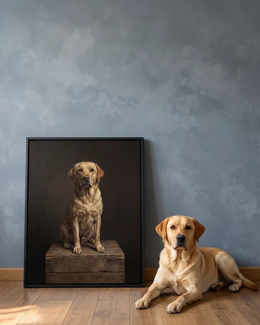 Marley, a yellow labrador retriever, beside a black framed canvas of their own Pedestal portrait.