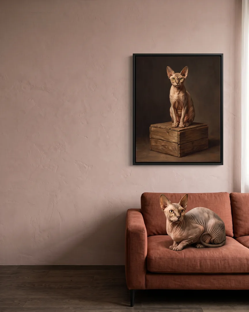 Yoda, a Sphynx, beside a black framed canvas of their own Pedestal portrait.