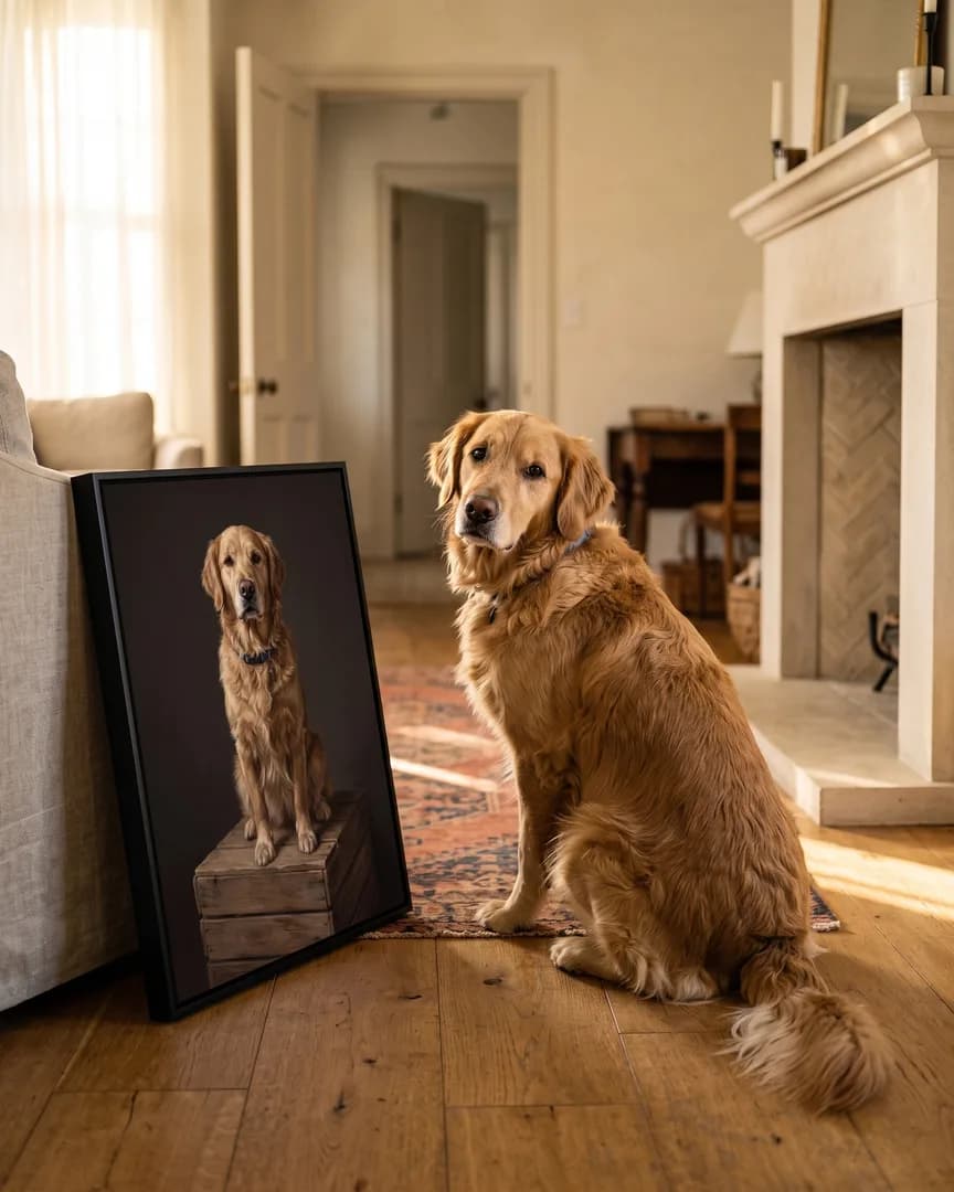 Sunny, a golden retriever, beside a black framed canvas of their own Pedestal portrait.