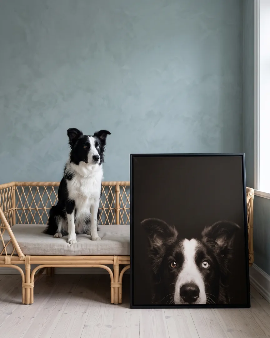 Skye, un border collie, à côté d'une toile encadrée noire de son portrait Coup d'œil.