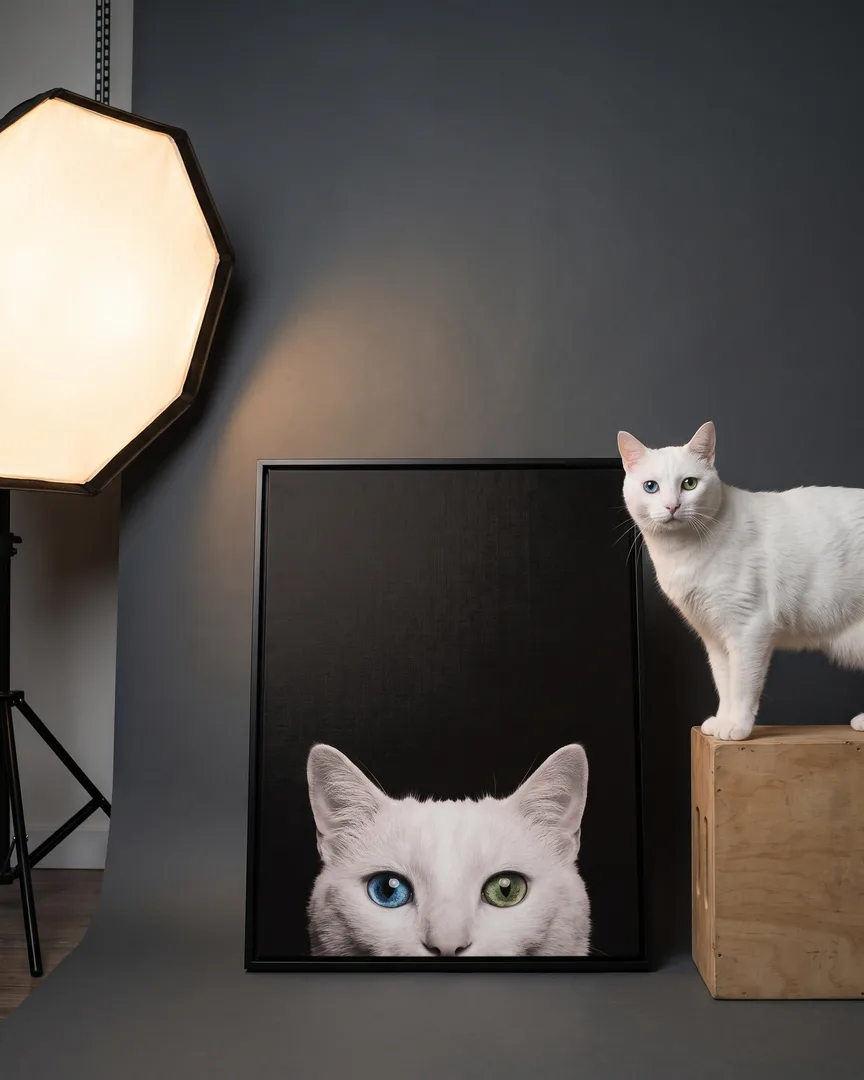 Duo, un chat blanc, à côté d'une toile encadrée noire de son portrait Coup d'œil.