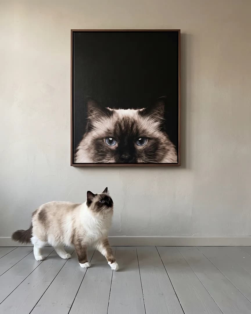 Willow, un chat ragdoll, à côté d'une toile encadrée brune de son portrait Coup d'œil.