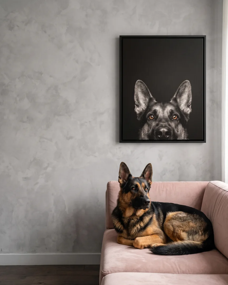 Rex, un berger allemand, à côté d'une toile encadrée noire de son portrait Coup d'œil.
