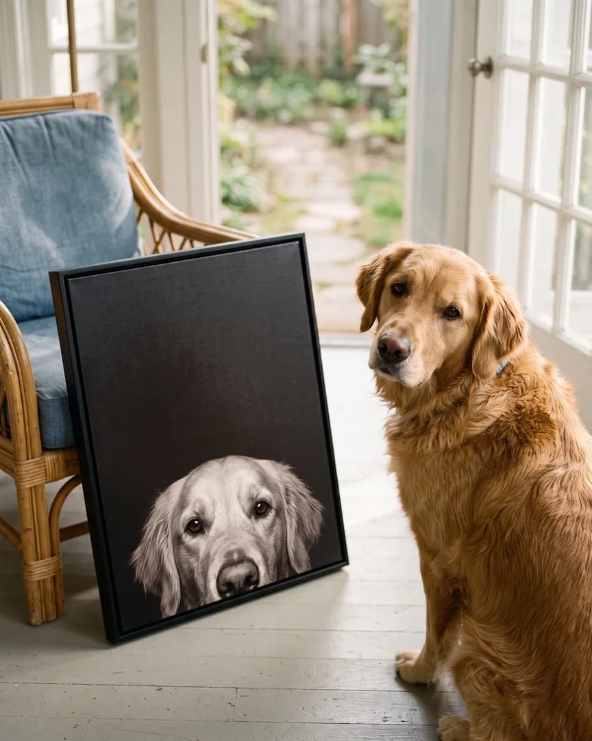 Sunny, un golden retriever, à côté d'une toile encadrée noire de son portrait Coup d'œil.