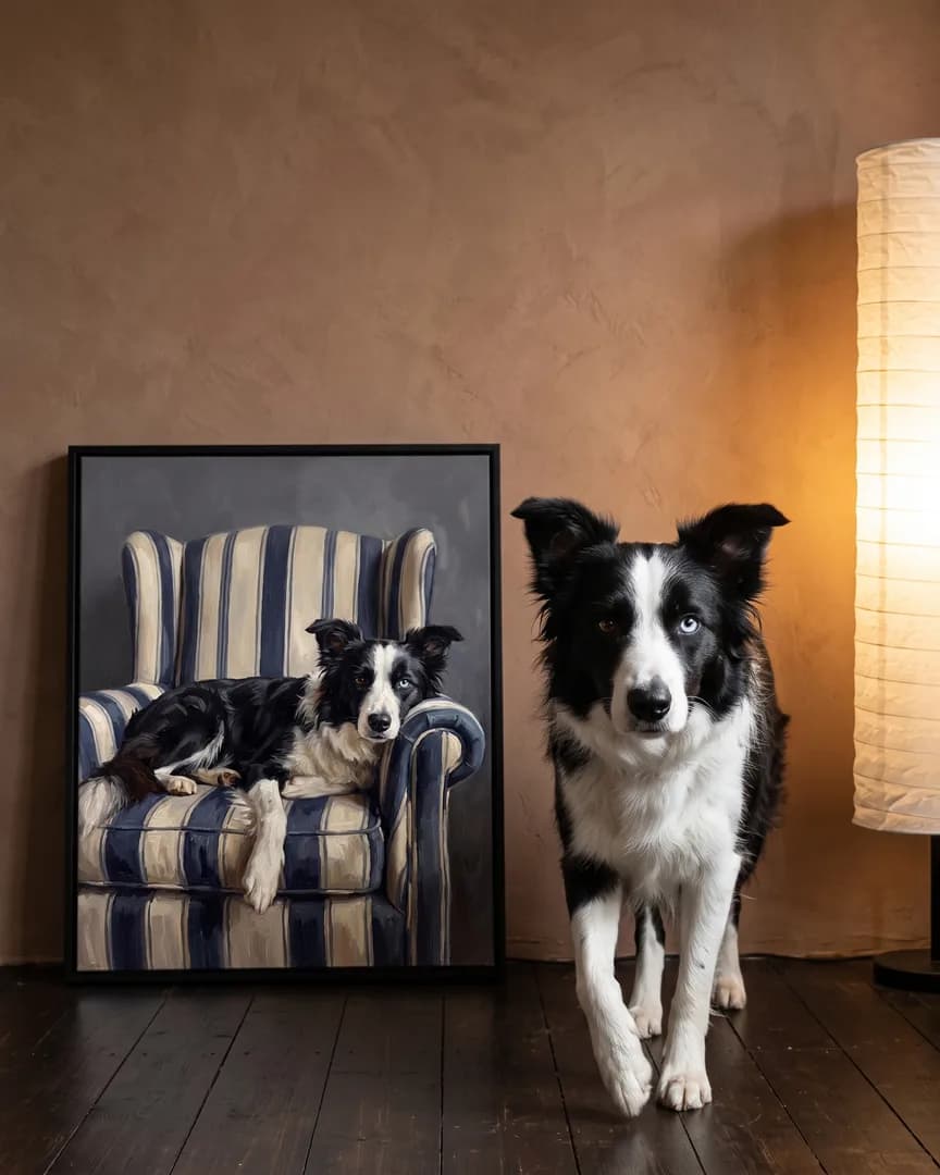 Skye, un border collie, à côté d'une toile encadrée noire de son portrait Fauteuil.