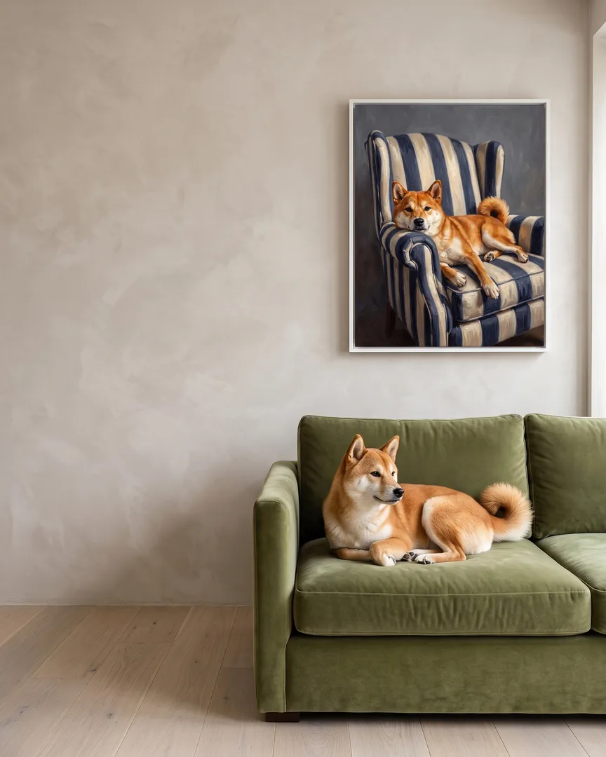 Suki, un shiba inu, à côté d'une toile encadrée blanche de son portrait Fauteuil.