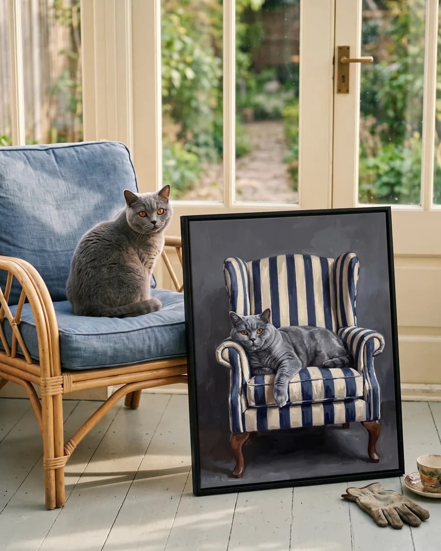 Earl, un chat british shorthair, à côté d'une toile encadrée noire de son portrait Fauteuil.