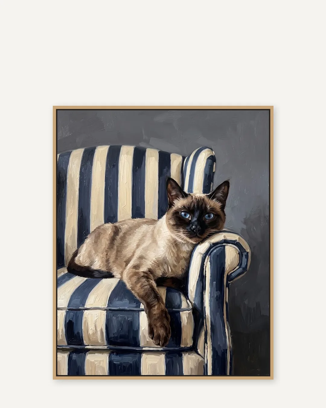 Une toile encadrée en chêne naturel de Sable, un chat siamois, dans le style Fauteuil.
