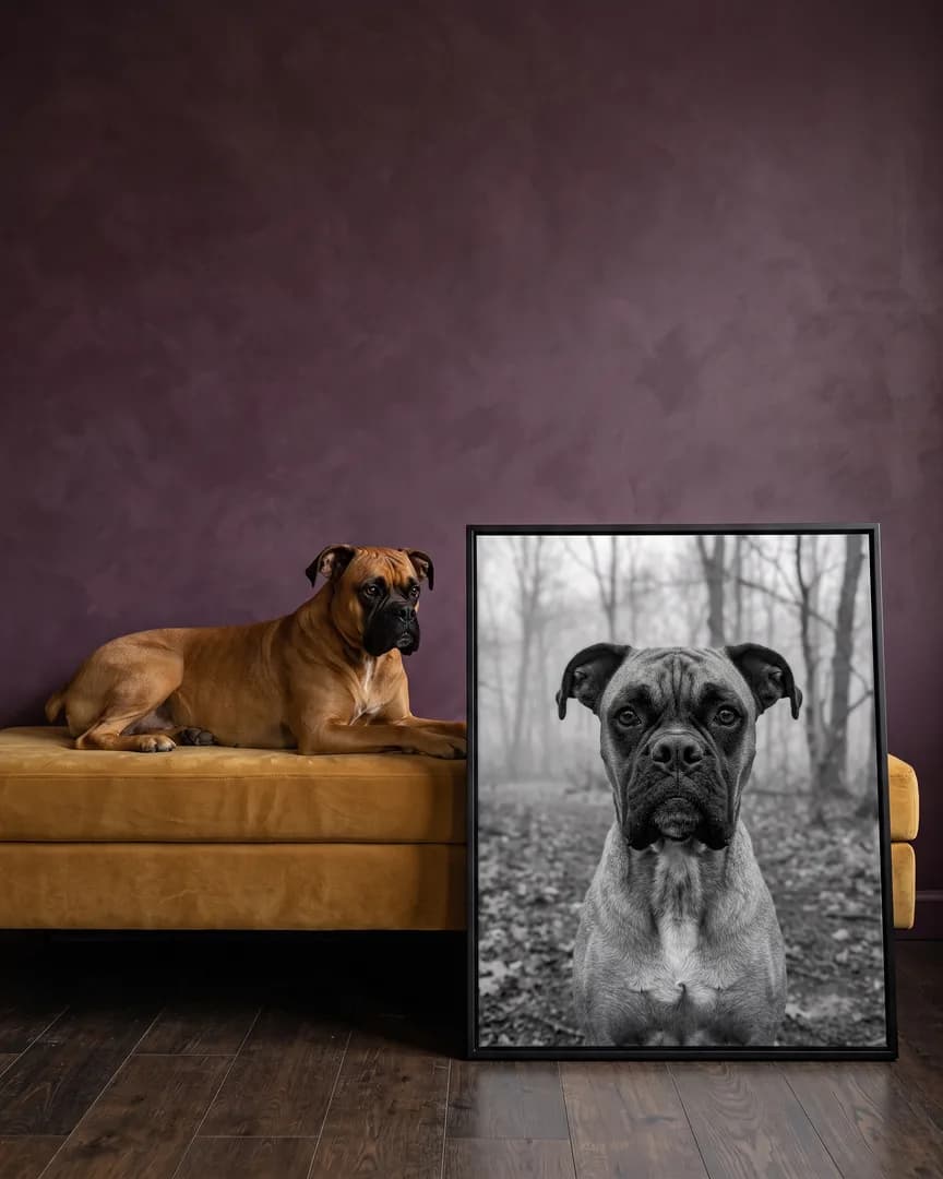 Rocco, a boxer, beside a black framed canvas of their own Through the Mist portrait.