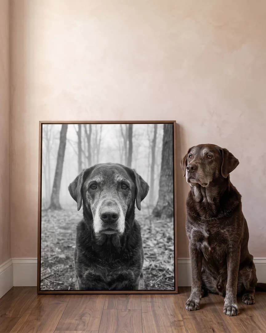 Moose, a chocolate labrador retriever, beside a brown framed canvas of their own Through the Mist portrait.