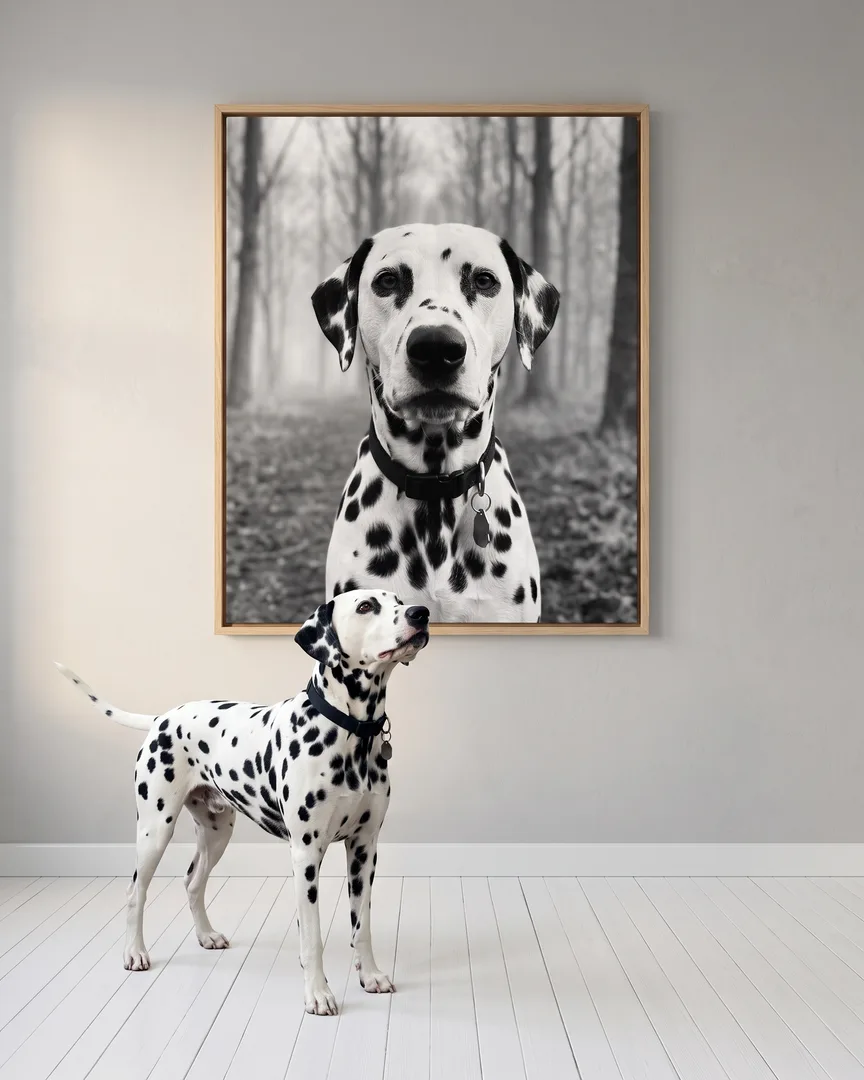 Ace, a Dalmatian, beside a natural-oak framed canvas of their own Through the Mist portrait.