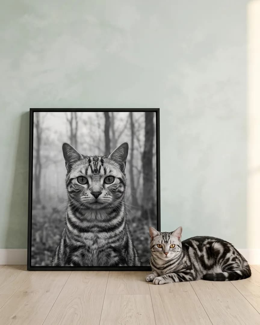 Smokey, a silver tabby domestic shorthair, beside a black framed canvas of their own Through the Mist portrait.