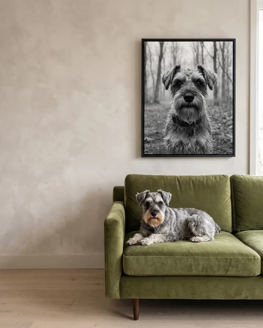 Otis, a miniature schnauzer, beside a black framed canvas of their own Through the Mist portrait.