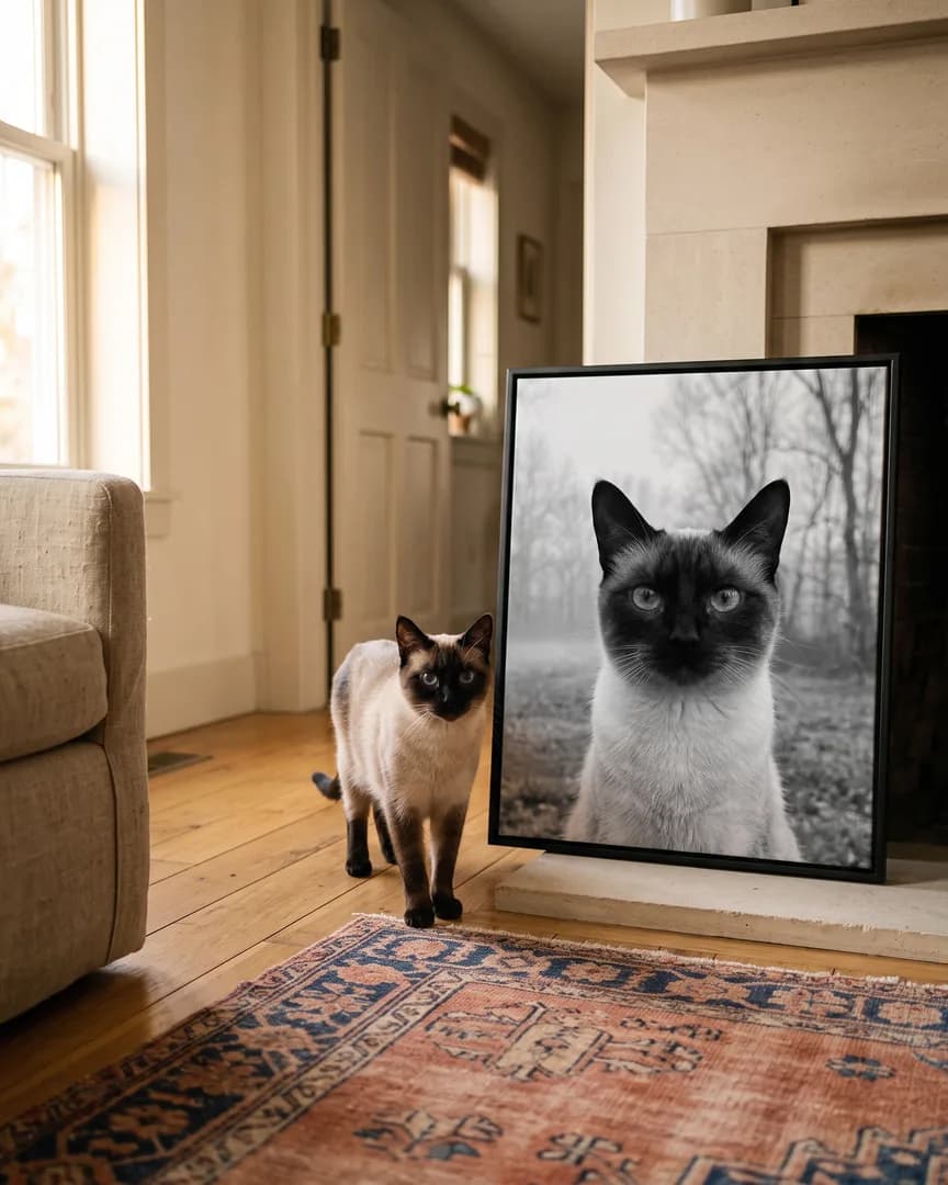 Sable, a Siamese, beside a black framed canvas of their own Through the Mist portrait.