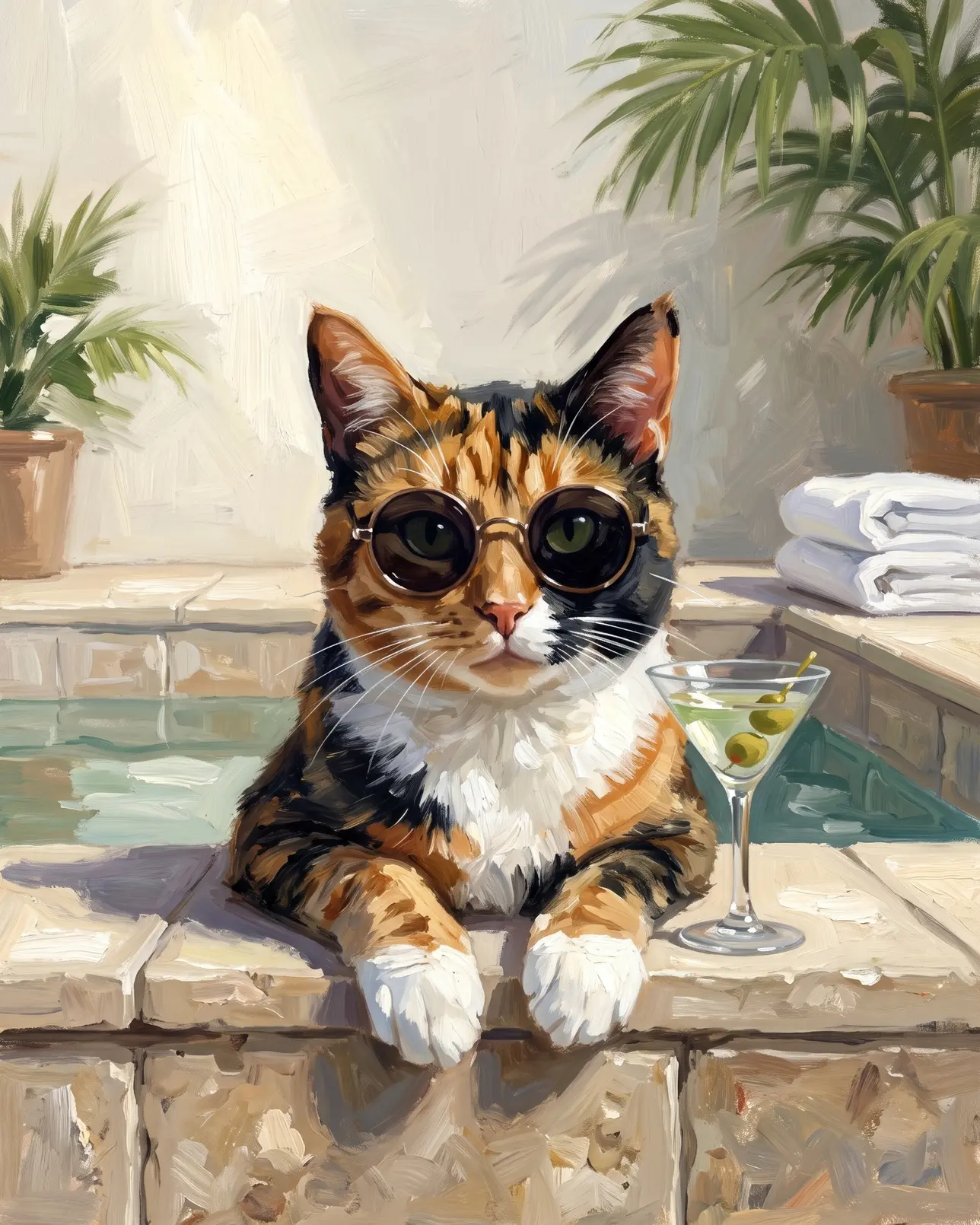 Patch, a calico domestic shorthair, Tub Edge Shades example.