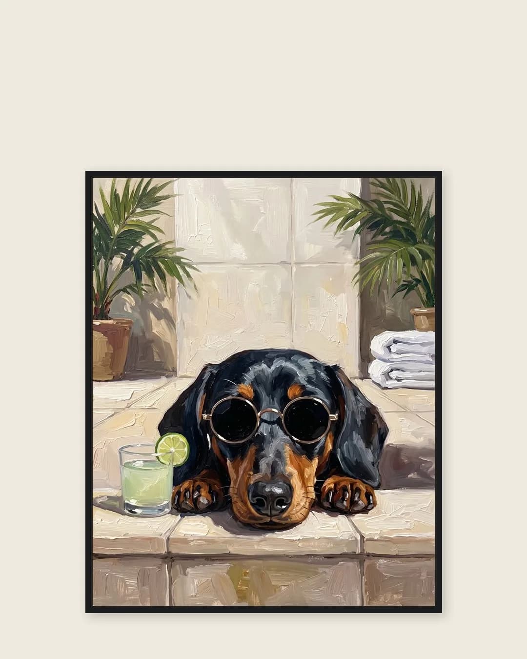 A black float-framed canvas of Ziggy, a dachshund, in the Tub Edge Shades style.