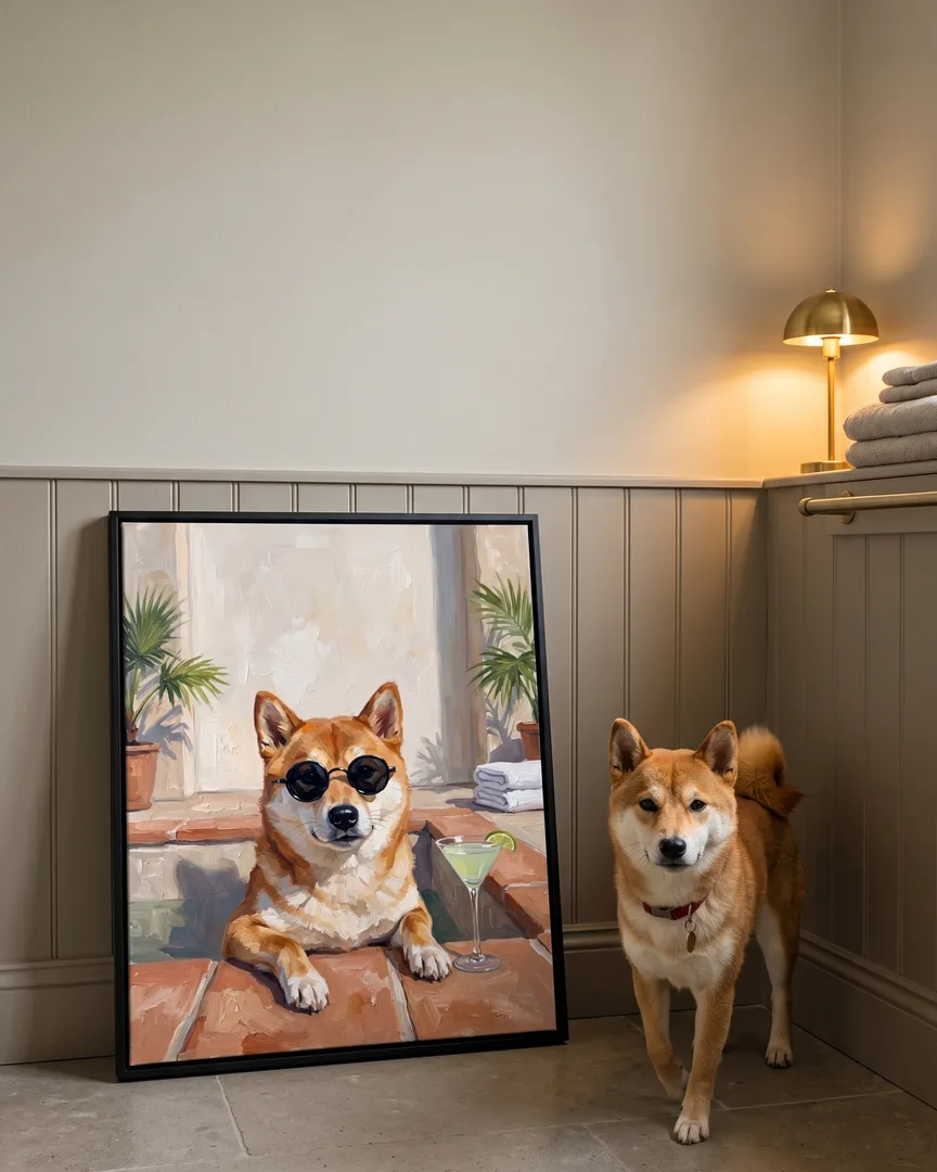 Suki, a Shiba Inu, beside a black framed canvas of their own Tub Edge Shades portrait.