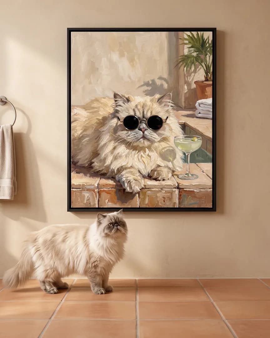 Frost, a Persian, beside a black framed canvas of their own Tub Edge Shades portrait.
