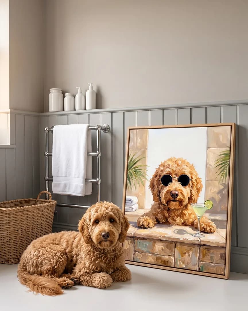 Teddy, a goldendoodle, beside a natural-oak framed canvas of their own Tub Edge Shades portrait.