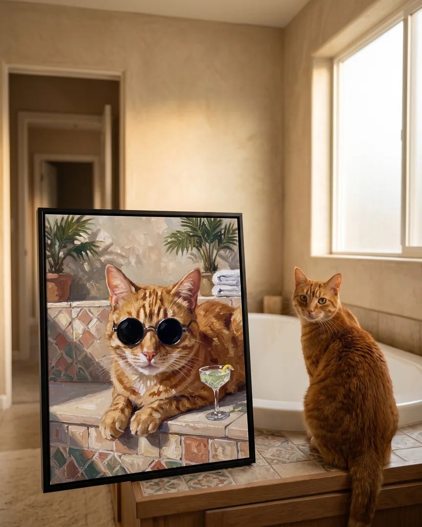 Miel, an orange tabby cat, beside a black framed canvas of their own Tub Edge Shades portrait.