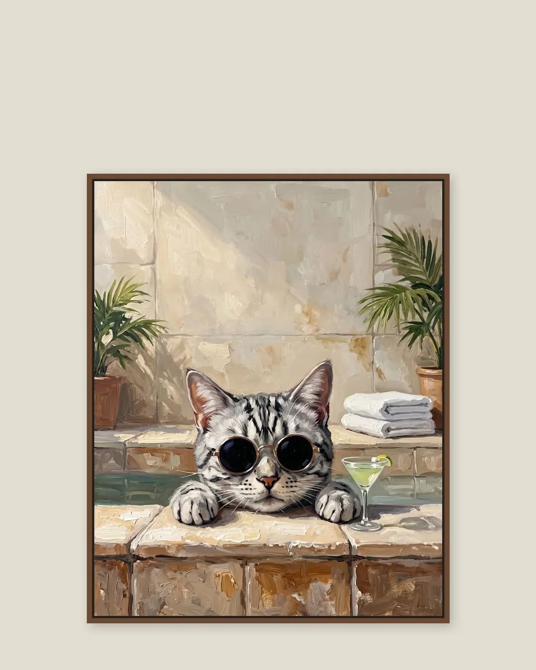 A brown float-framed canvas of Smokey, a silver tabby domestic shorthair, in the Tub Edge Shades style.