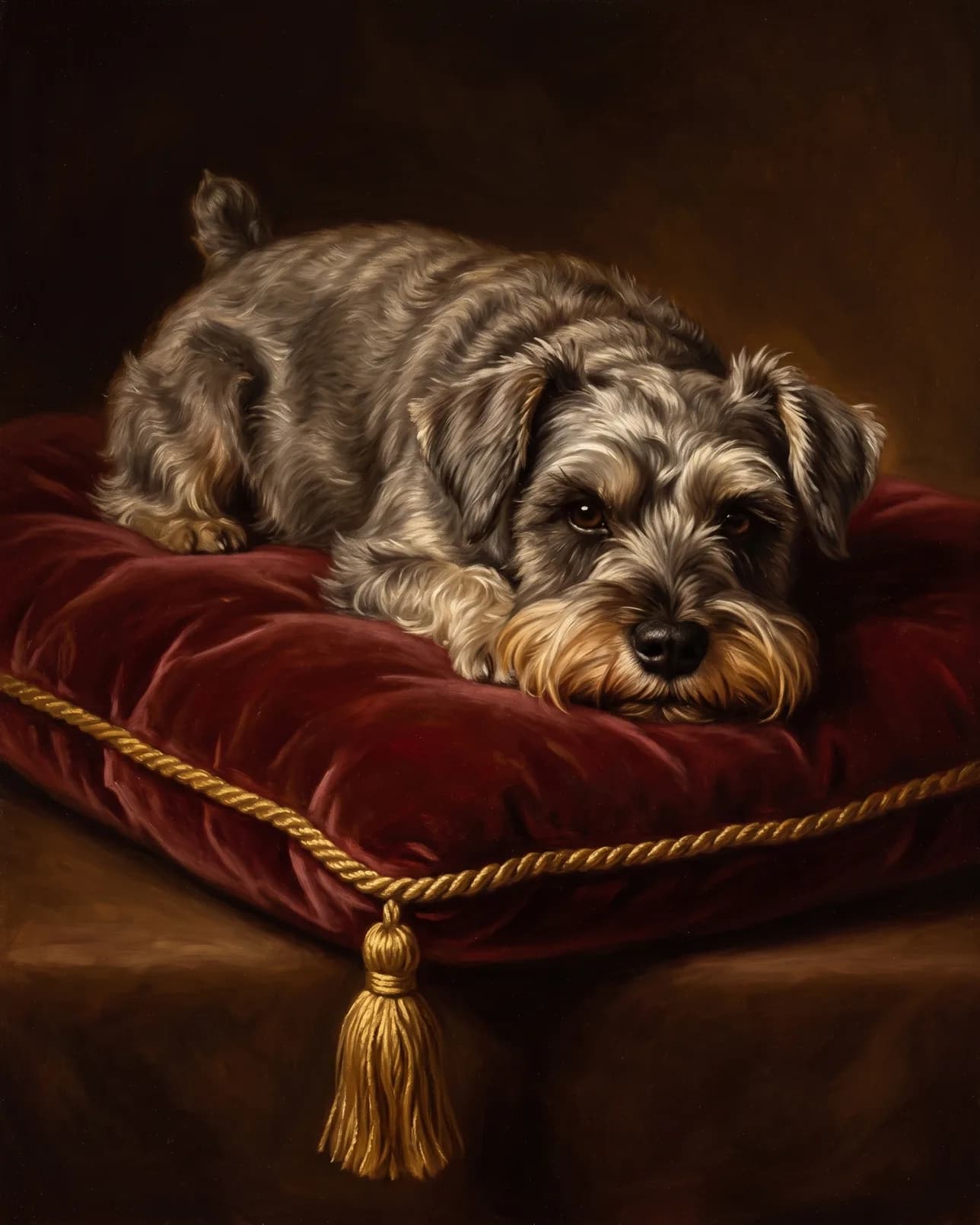 Otis, a miniature schnauzer, The Velvet Cushion example.