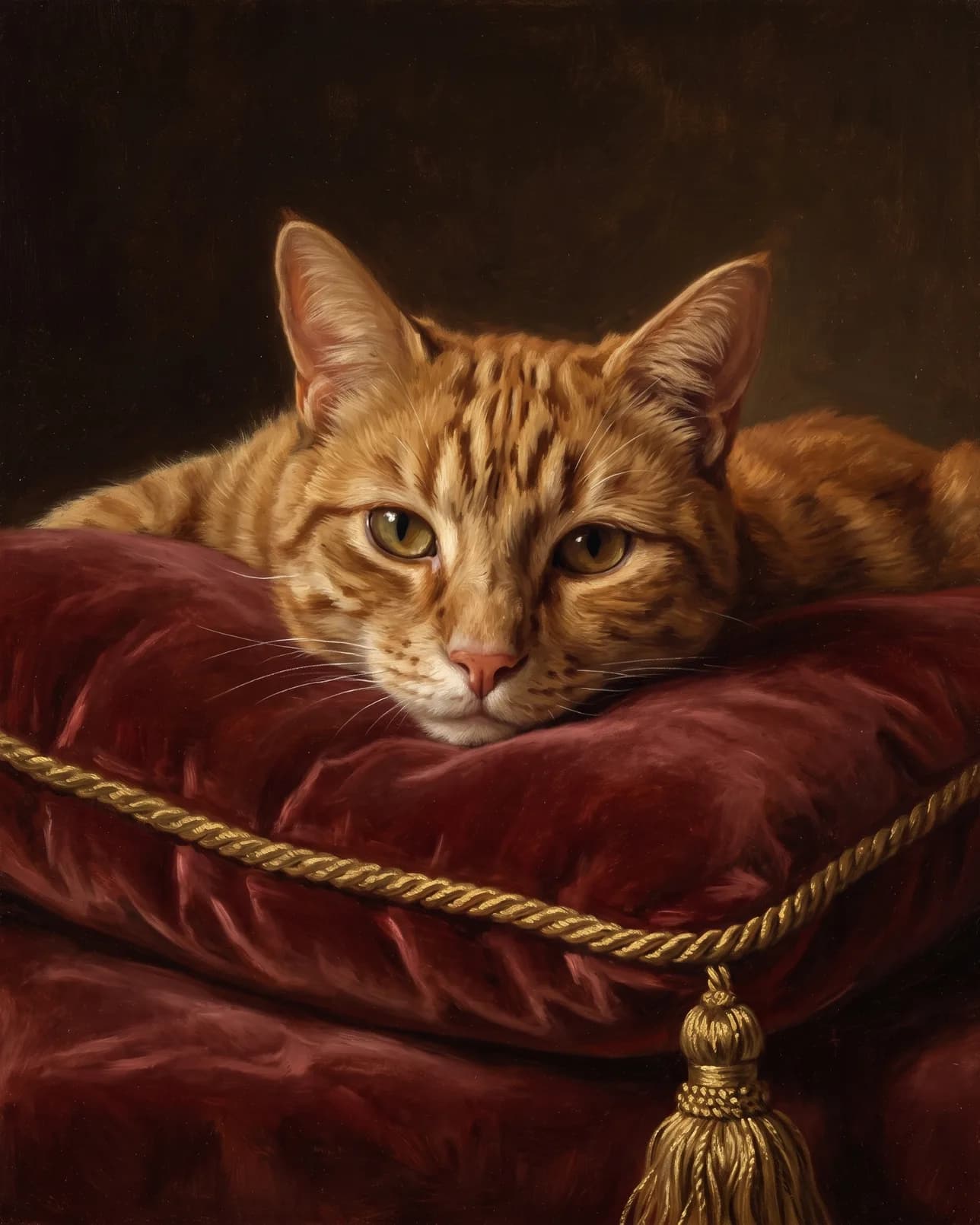 Miel, an orange tabby cat, The Velvet Cushion example.
