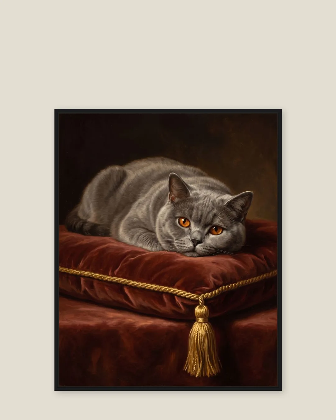 A black float-framed canvas of Earl, a British shorthair, in the Velvet Cushion style.