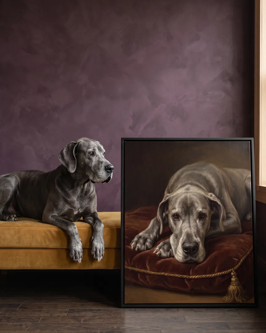 Duke, a Great Dane, beside a black framed canvas of their own Velvet Cushion portrait.