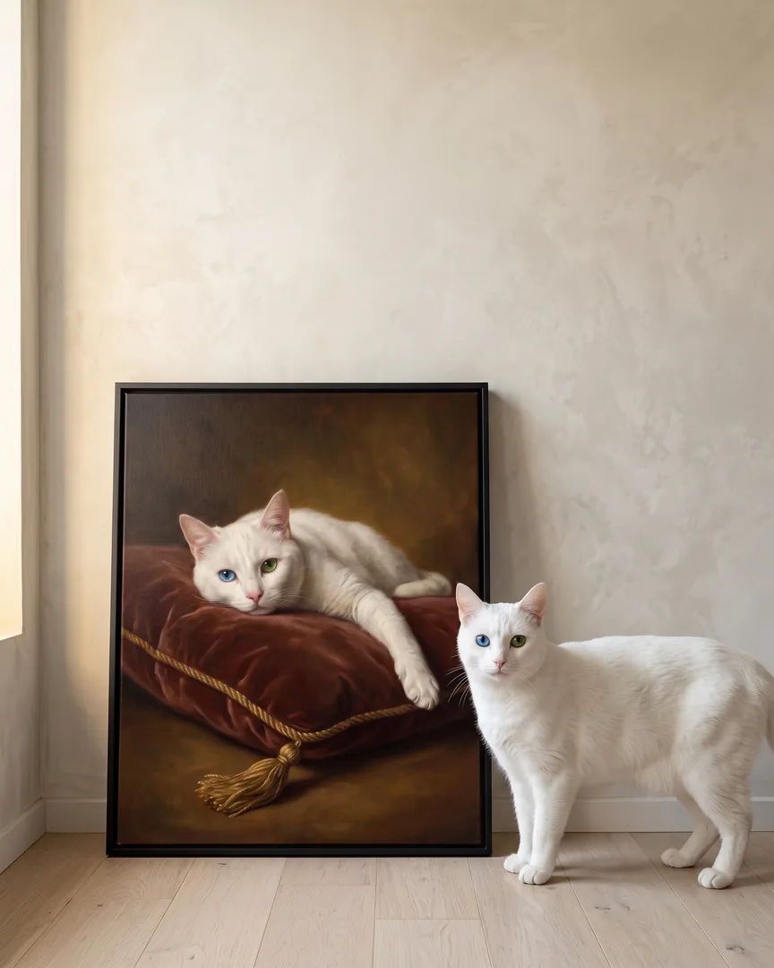 Duo, a white domestic shorthair, beside a black framed canvas of their own Velvet Cushion portrait.
