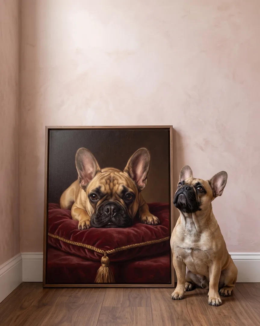 Gus, a French bulldog, beside a brown framed canvas of their own Velvet Cushion portrait.
