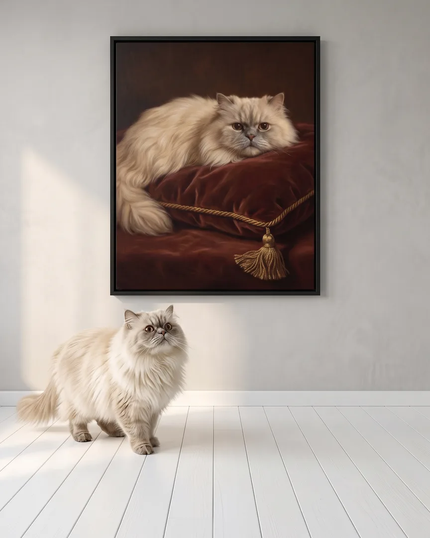 Frost, a Persian, beside a black framed canvas of their own Velvet Cushion portrait.